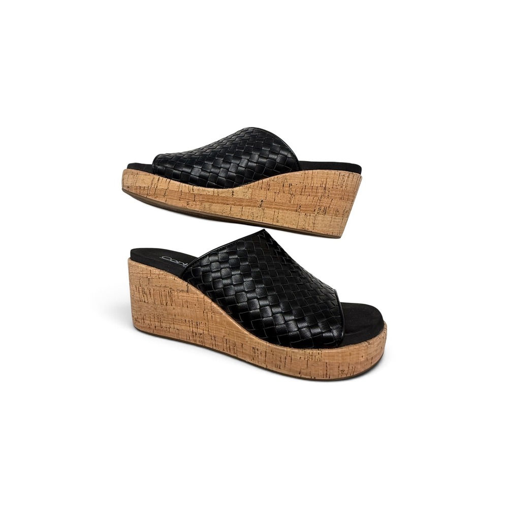 Corkys Wine and Dine Black Woven Wedge Sandals Cork Platform Slides 41-0442-BLCK